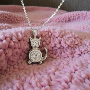 Vintage 925 Sterling Silver Cubic Zirconia CZ Kitty Cat Necklace🐈